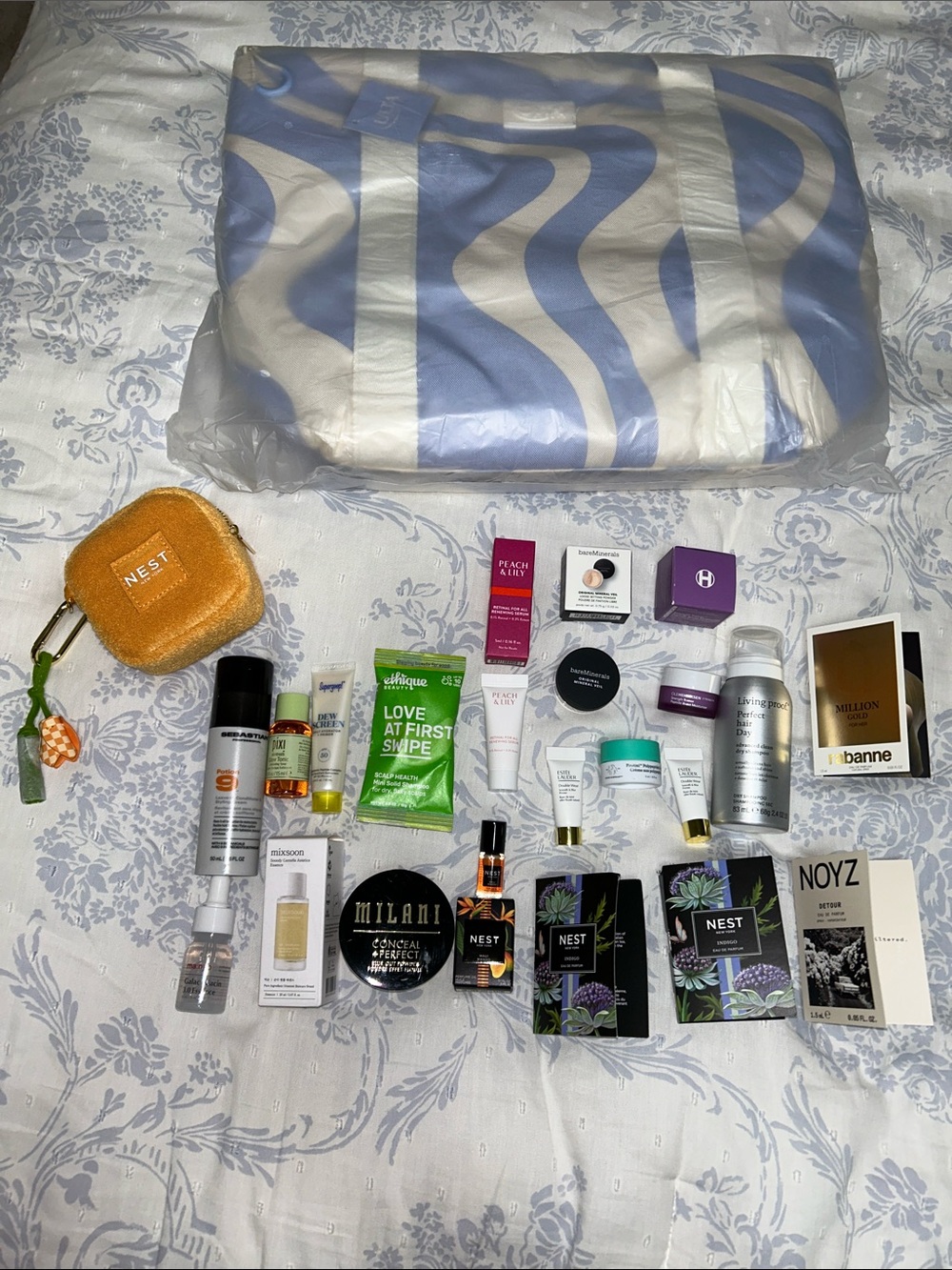 Ulta Beauty Reusable Tote Bag - Blue & White Wave Pattern with Goodies